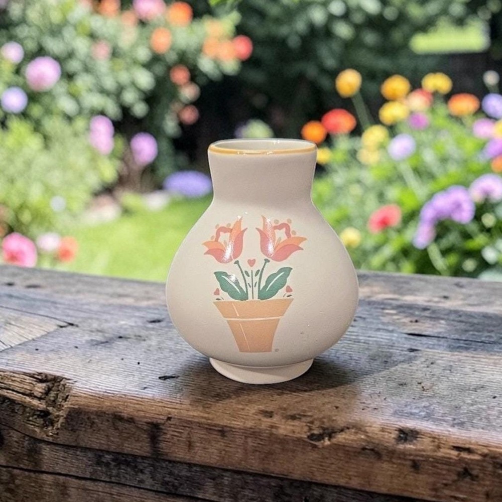 Pink Floral Cream Bud Vase, Vintage Small Teardrop Footed Ceramic Planter Accent